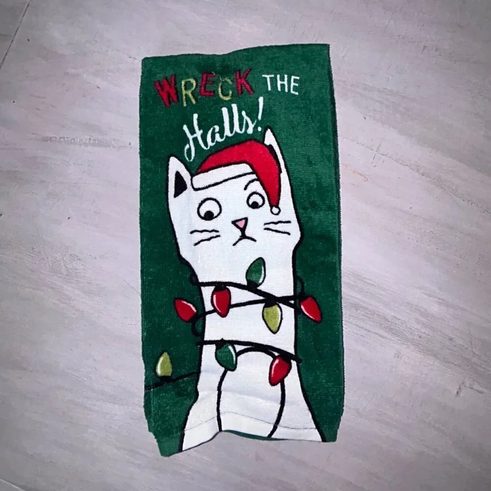 NEW RITZ Christmas Cat Wreck The Halls Kitchen Towel Bath Hand Towel Set of 2